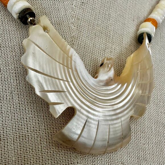 Vintage Carved Mother of Pearl Thunderbird Necklace Heishi Beads - Picture 4 of 13